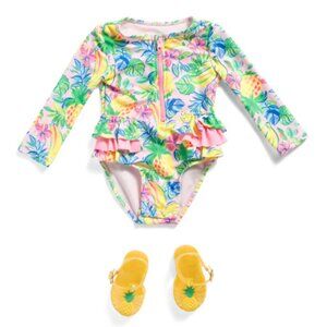 NWT ETTAVEE Baby Girls Rashguard One-piece Tropical Swimsuit and Sandals Set